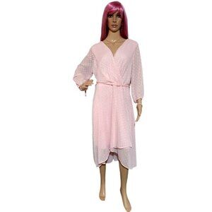 Tommy Hilfiger Pink Polka Dot Wrap Midi Dress With Sheer Sleeves & Belt Size 16